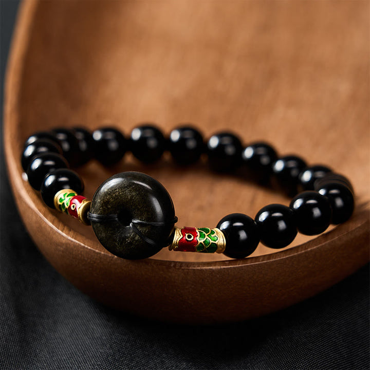 Buddha Stones Golden Sheen Obsidian Peace Buckle Black Obsidian Koi Fish Protection Round Bead Bracelet - image 2