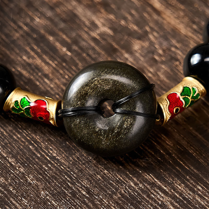 Buddha Stones Golden Sheen Obsidian Peace Buckle Black Obsidian Koi Fish Protection Round Bead Bracelet - image 3