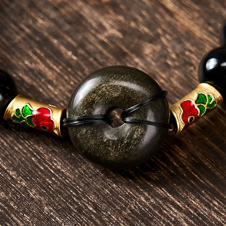 Buddha Stones Golden Sheen Obsidian Peace Buckle Black Obsidian Koi Fish Protection Round Bead Bracelet - image 3