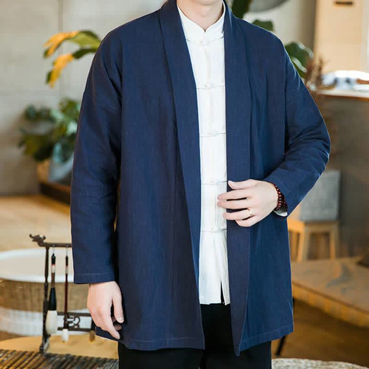 Buddha Stones Fall Winter Casual Tang Style Solid Cotton Long Sleeve Men's Kimonos - image 16