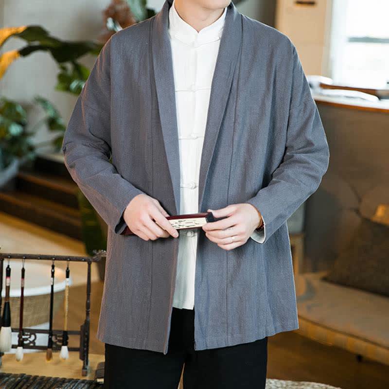 Buddha Stones Fall Winter Casual Tang Style Solid Cotton Long Sleeve Men's Kimonos - image 1
