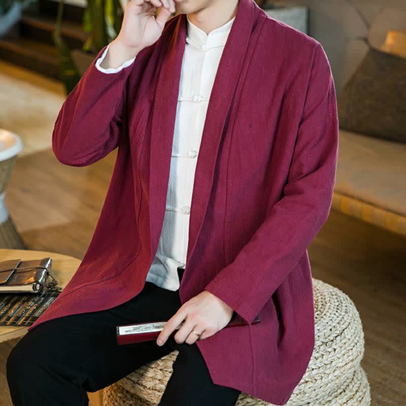 Buddha Stones Fall Winter Casual Tang Style Solid Cotton Long Sleeve Men's Kimonos - image 20
