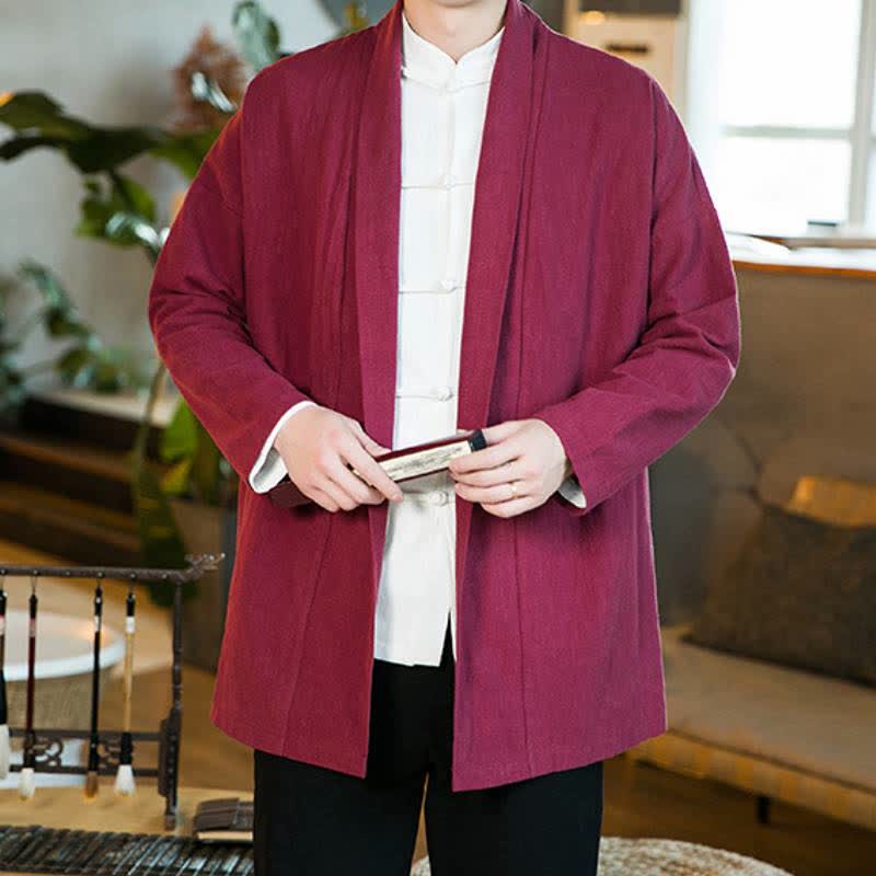 Buddha Stones Fall Winter Casual Tang Style Solid Cotton Long Sleeve Men's Kimonos - image 18