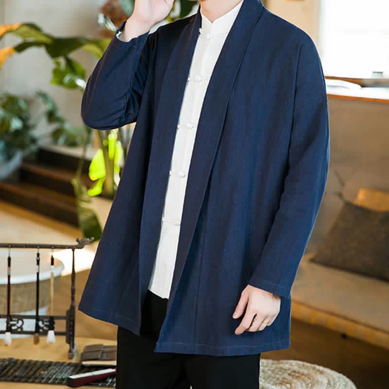 Buddha Stones Fall Winter Casual Tang Style Solid Cotton Long Sleeve Men's Kimonos - MidnightBlue - US/UK/AU46，EU56 (5XL) - image 12