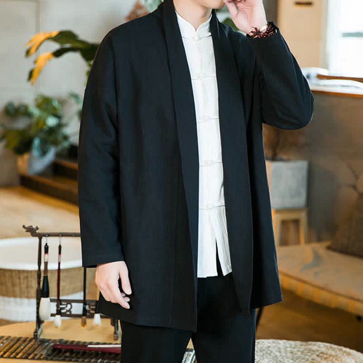 Buddha Stones Fall Winter Casual Tang Style Solid Cotton Long Sleeve Men's Kimonos - image 7