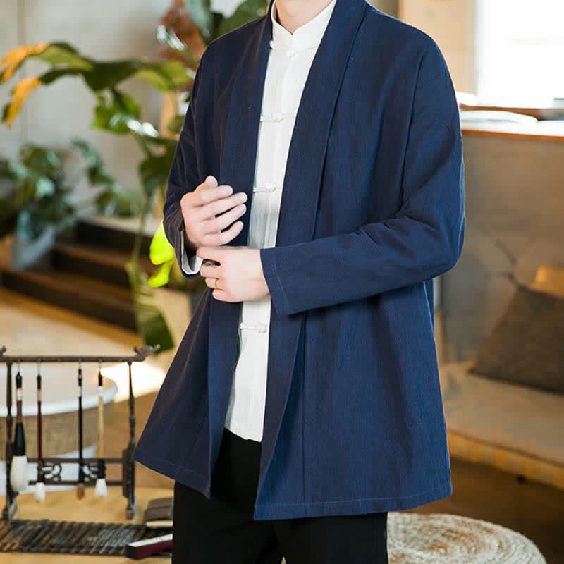 Buddha Stones Fall Winter Casual Tang Style Solid Cotton Long Sleeve Men's Kimonos - image 13