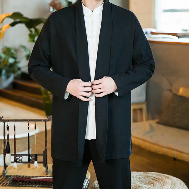 Buddha Stones Fall Winter Casual Tang Style Solid Cotton Long Sleeve Men's Kimonos - image 9