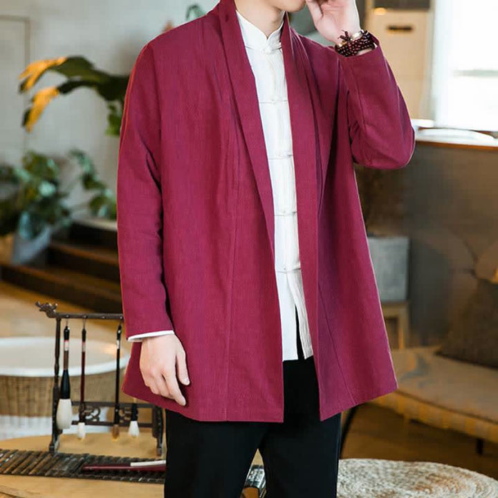 Buddha Stones Fall Winter Casual Tang Style Solid Cotton Long Sleeve Men's Kimonos - FireBrick - US/UK/AU46，EU56 (5XL) - image 17