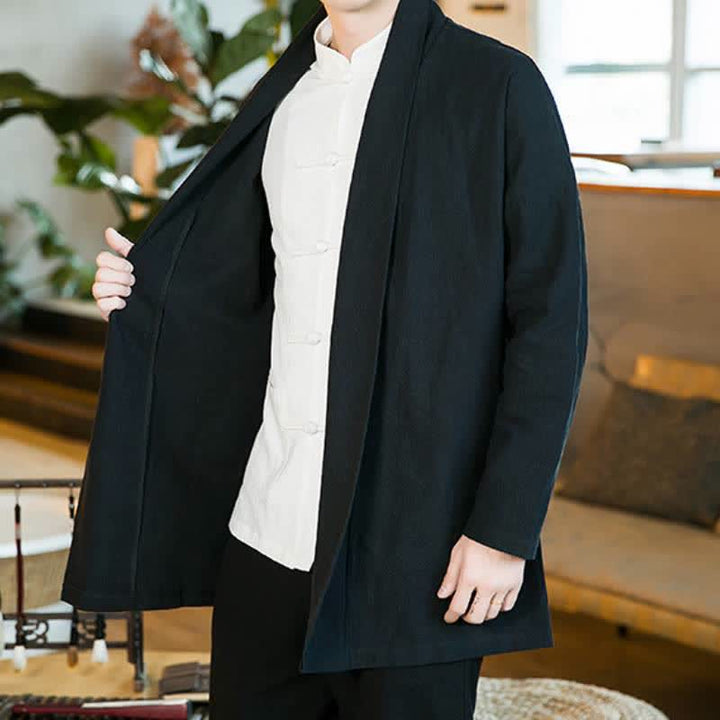 Buddha Stones Fall Winter Casual Tang Style Solid Cotton Long Sleeve Men's Kimonos - image 11