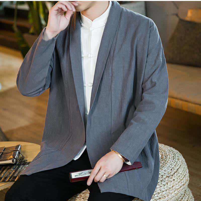 Buddha Stones Fall Winter Casual Tang Style Solid Cotton Long Sleeve Men's Kimonos - image 3