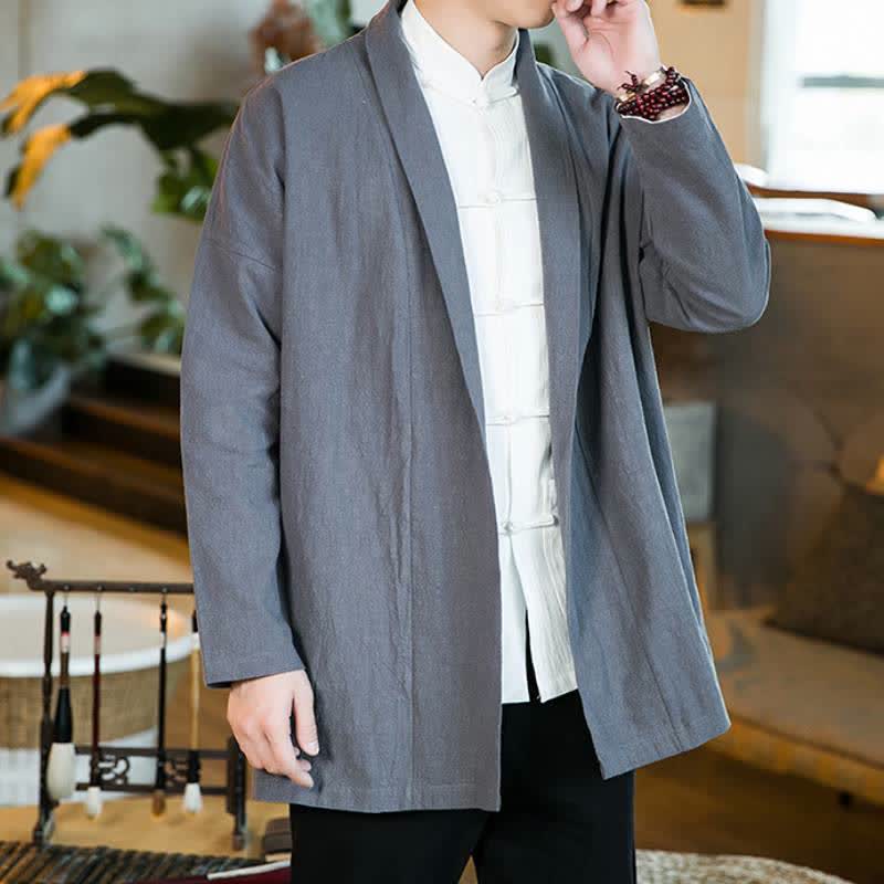 Buddha Stones Fall Winter Casual Tang Style Solid Cotton Long Sleeve Men's Kimonos - SlateGray - US/UK/AU46，EU56 (5XL) - image 0
