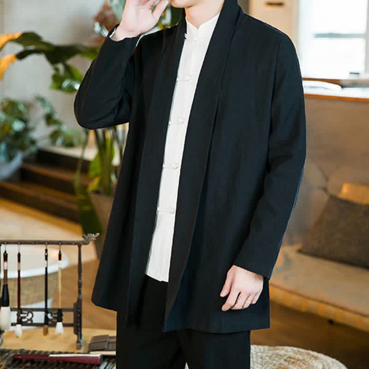 Buddha Stones Fall Winter Casual Tang Style Solid Cotton Long Sleeve Men's Kimonos - Black - US/UK/AU46，EU56 (5XL) - image 6