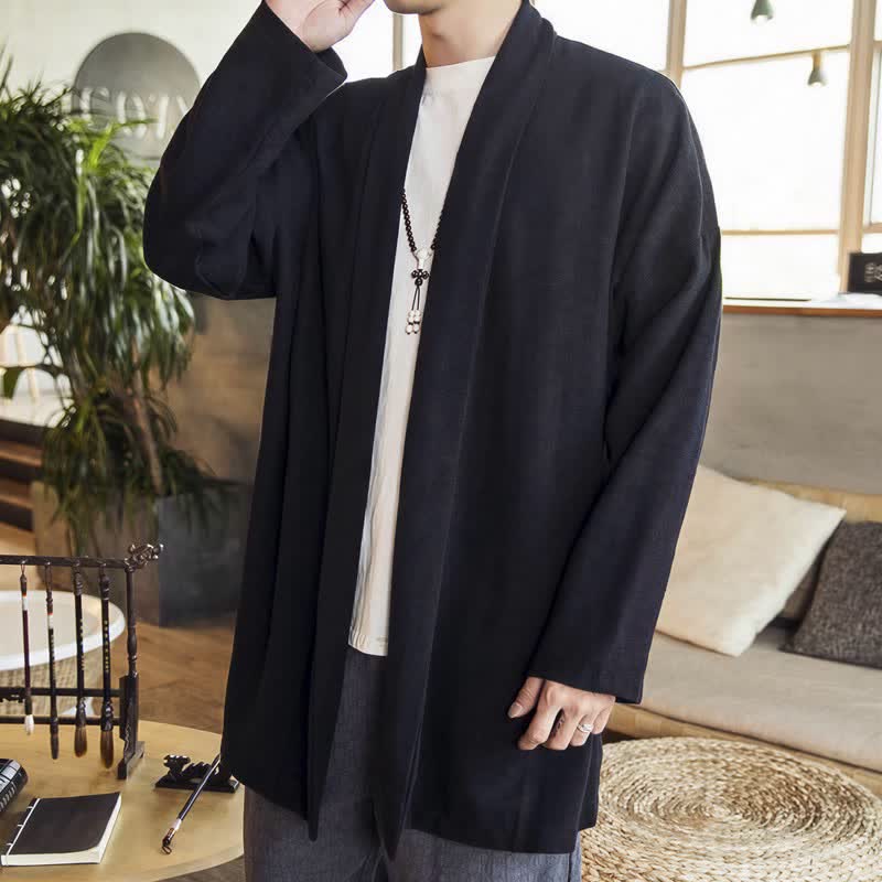 Buddha Stones Fall Winter Casual Minimalist Solid Knit Long Sleeve Men's Kimonos - Black - US/UK/AU42，EU52 (3XL) - image 10