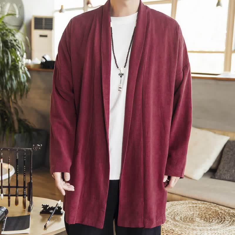 Buddha Stones Fall Winter Casual Minimalist Solid Knit Long Sleeve Men's Kimonos - Maroon - US/UK/AU42，EU52 (3XL) - image 5
