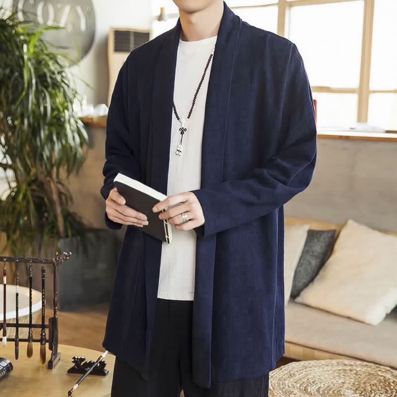 Buddha Stones Fall Winter Casual Minimalist Solid Knit Long Sleeve Men's Kimonos - image 4