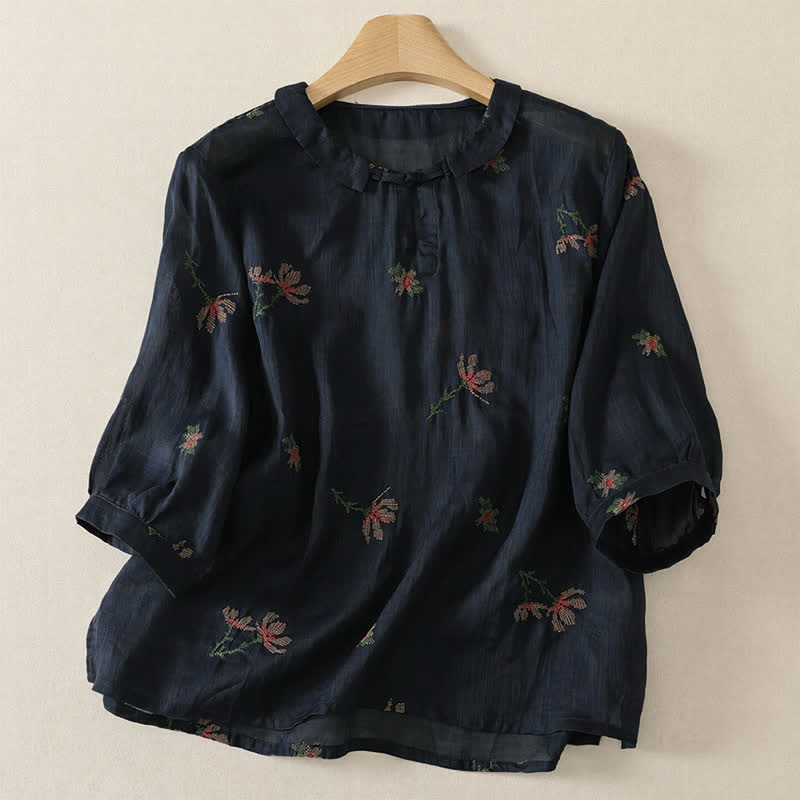 Buddha Stones Summer Casual Embroidery Floral Women's Short Sleeve Shirts - MidnightBlue - US12, UK/AU16, EU44 (2XL) - image 4
