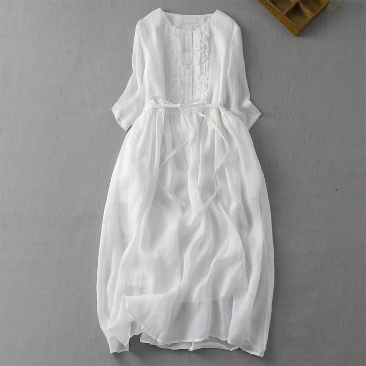 Buddha Stones Summer Casual Vintage Button-Up Drawstring Solid Women's Short Sleeve Dress With Pocket - White - US14, UK/AU18, EU46 (2XL) - image 11