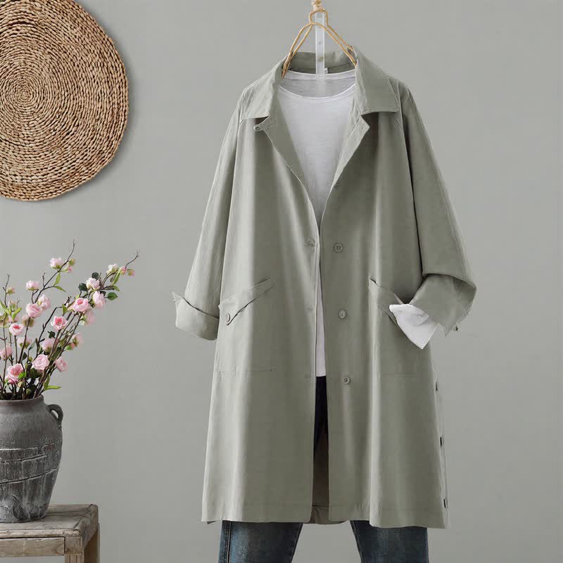 Buddha Stones Spring Fall Casual Minimalist Button-Up Solid Women's Coat With Pocket - DarkSeaGreen - US12, UK/AU16, EU44 (2XL) - image 0