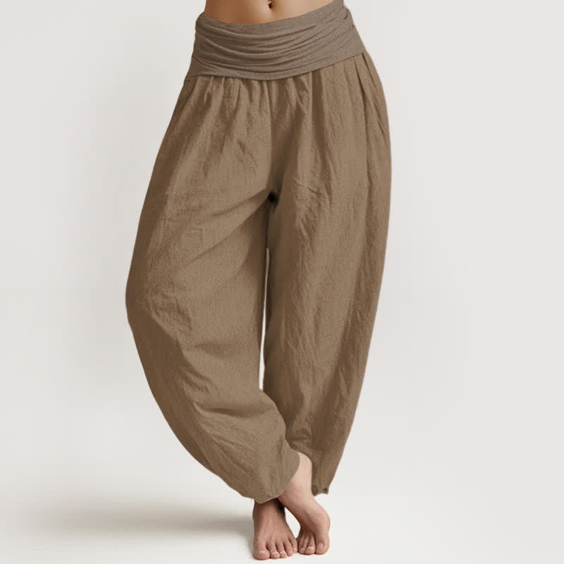 Buddha Stones Pure Cotton Plain Tan Women's Elastic Waist Harem Pants - Tan - US16，UK/AU20，EU48 (3XL) - image 0