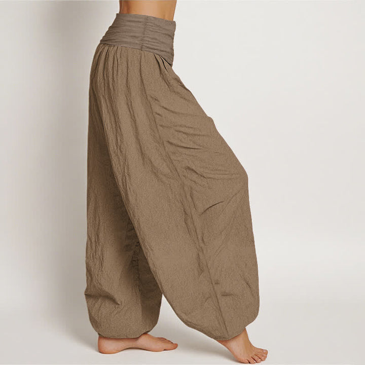 Buddha Stones Pure Cotton Plain Tan Women's Elastic Waist Harem Pants - image 2