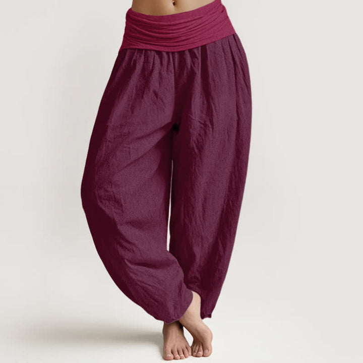 Buddha Stones Pure Cotton Plain Maroon Women's Elastic Waist Harem Pants - Maroon - US16，UK/AU20，EU48 (3XL) - image 0
