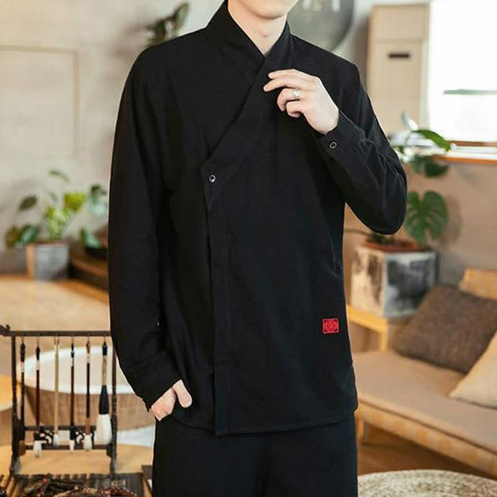 Buddha Stones Fall Tang Style Minimalist Mandarin Collar Solid Men's Long Sleeve Shirts - image 2
