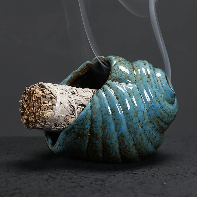 Buddha Stones Ceramic Shankha Purification Conch Shell Incense Burners - Blue - image 0