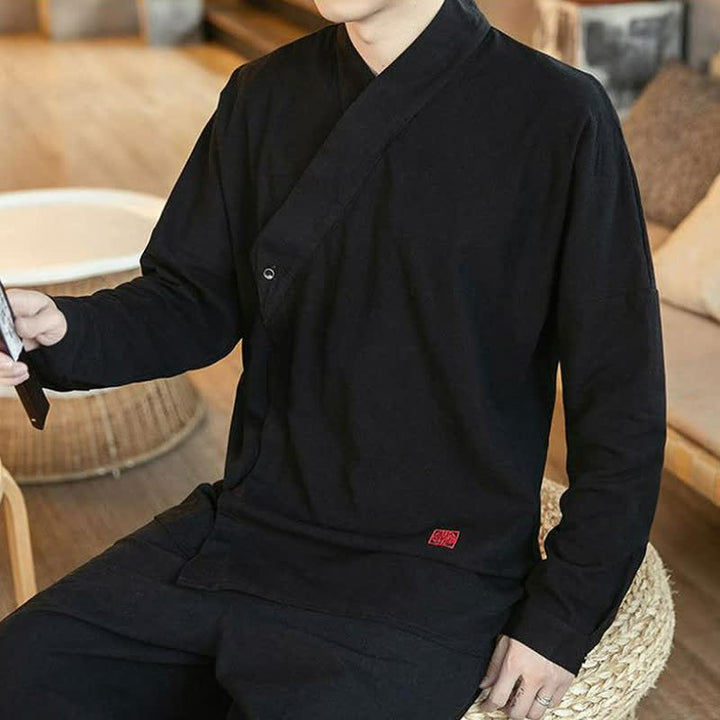 Buddha Stones Fall Tang Style Minimalist Mandarin Collar Solid Men's Long Sleeve Shirts - image 6