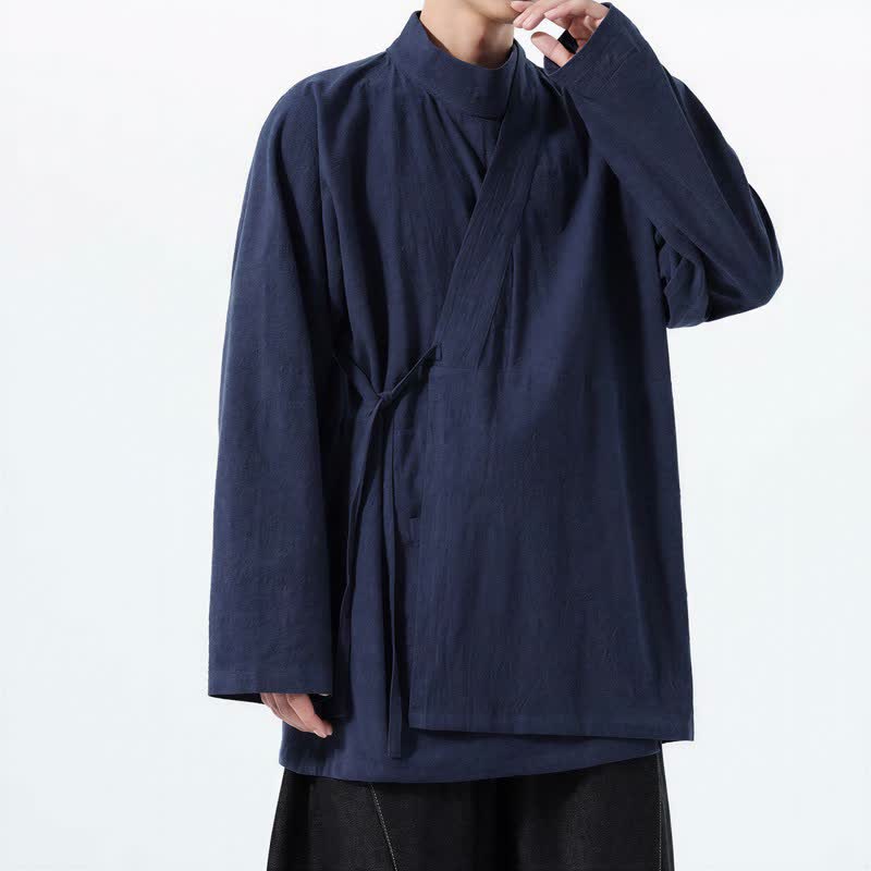 Buddha Stones Fall Winter Casual Tang Style Mandarin Collar Solid Cotton Long Sleeve Men's Kimonos - image 1