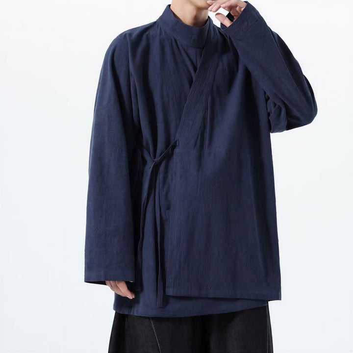 Buddha Stones Fall Winter Casual Tang Style Mandarin Collar Solid Cotton Long Sleeve Men's Kimonos - image 1