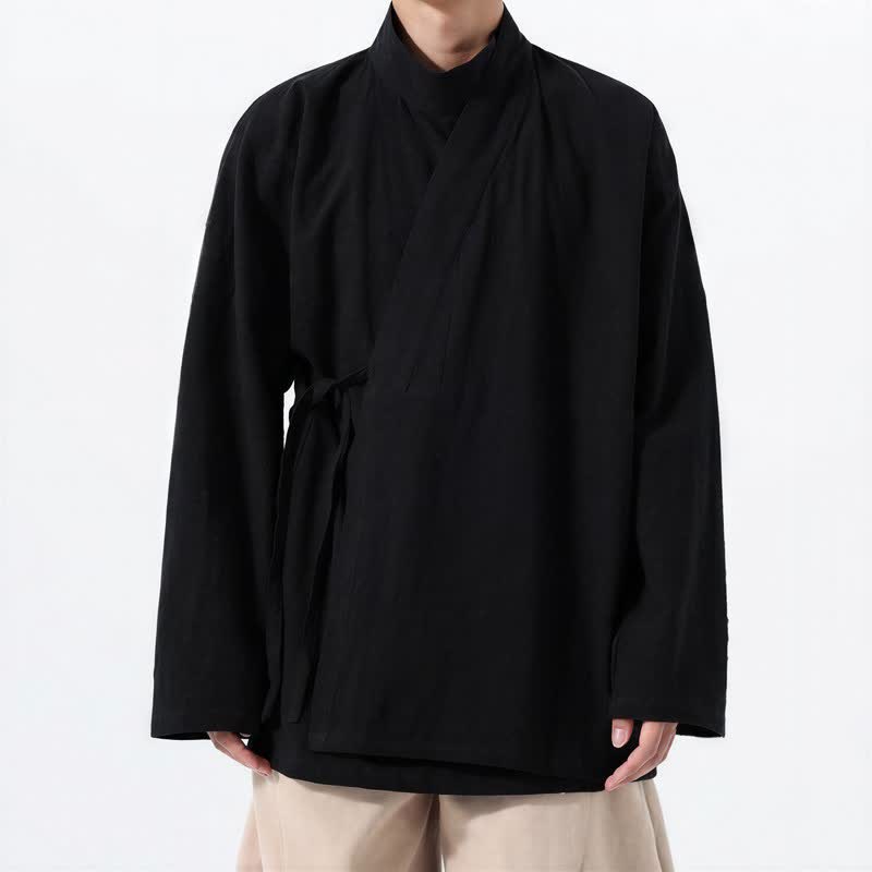 Buddha Stones Fall Winter Casual Tang Style Mandarin Collar Solid Cotton Long Sleeve Men's Kimonos - image 10