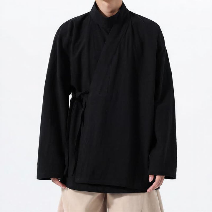 Buddha Stones Fall Winter Casual Tang Style Mandarin Collar Solid Cotton Long Sleeve Men's Kimonos - image 10