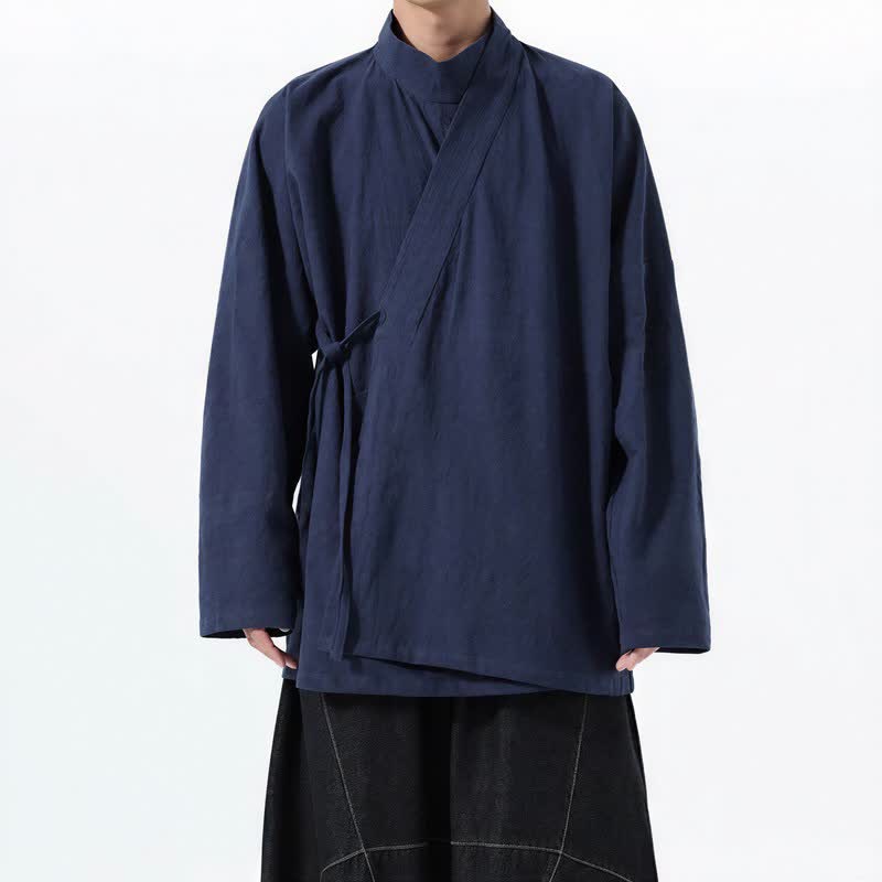 Buddha Stones Fall Winter Casual Tang Style Mandarin Collar Solid Cotton Long Sleeve Men's Kimonos - MidnightBlue - US/UK/AU46，EU56 (5XL) - image 0