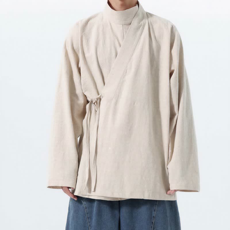 Buddha Stones Fall Winter Casual Tang Style Mandarin Collar Solid Cotton Long Sleeve Men's Kimonos - Beige - US/UK/AU46，EU56 (5XL) - image 13