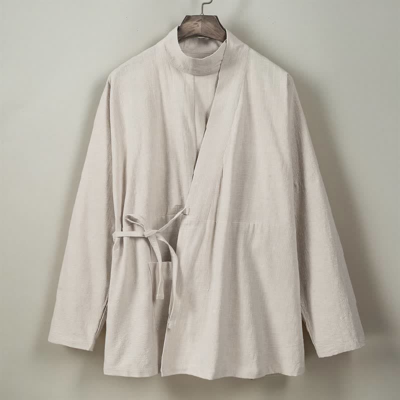 Buddha Stones Fall Winter Casual Tang Style Mandarin Collar Solid Cotton Long Sleeve Men's Kimonos - image 17