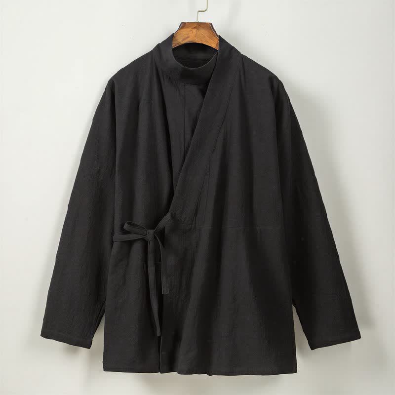 Buddha Stones Fall Winter Casual Tang Style Mandarin Collar Solid Cotton Long Sleeve Men's Kimonos - image 12