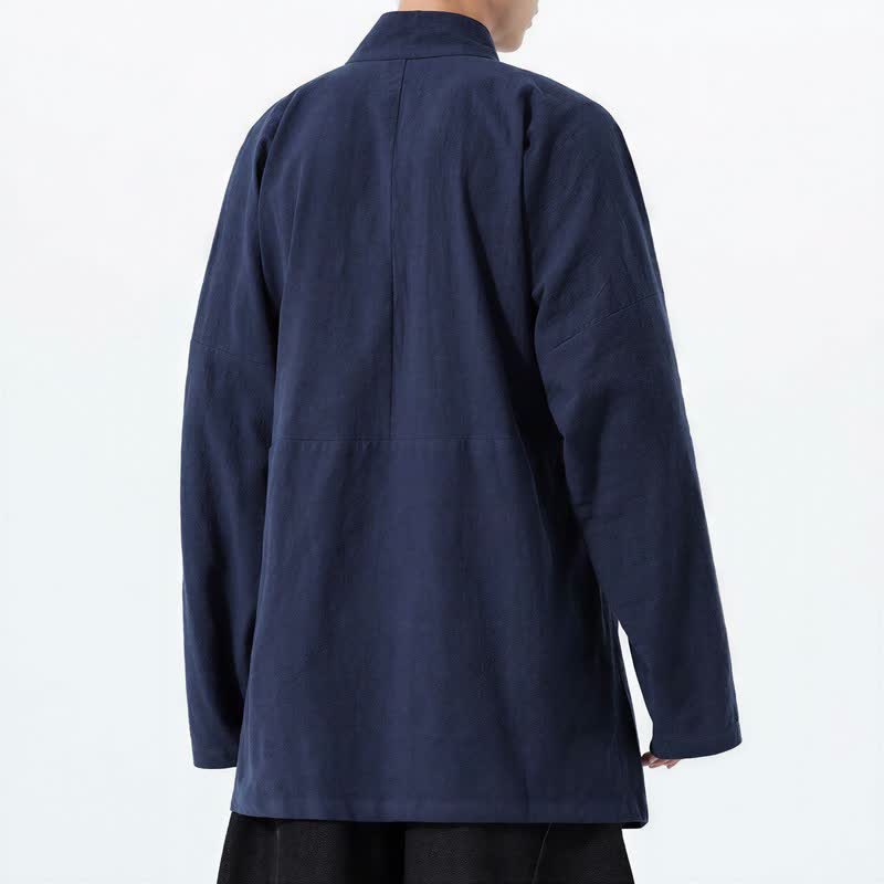 Buddha Stones Fall Winter Casual Tang Style Mandarin Collar Solid Cotton Long Sleeve Men's Kimonos - image 3