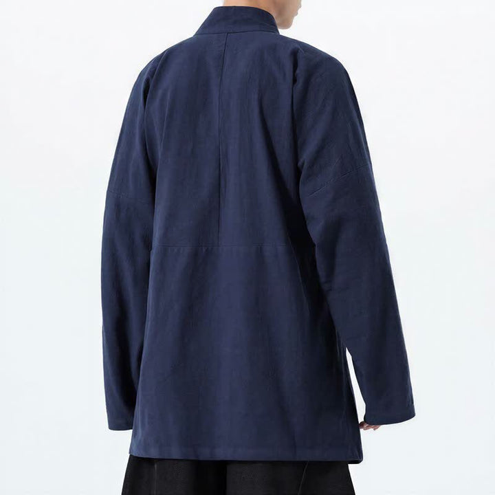 Buddha Stones Fall Winter Casual Tang Style Mandarin Collar Solid Cotton Long Sleeve Men's Kimonos - image 3