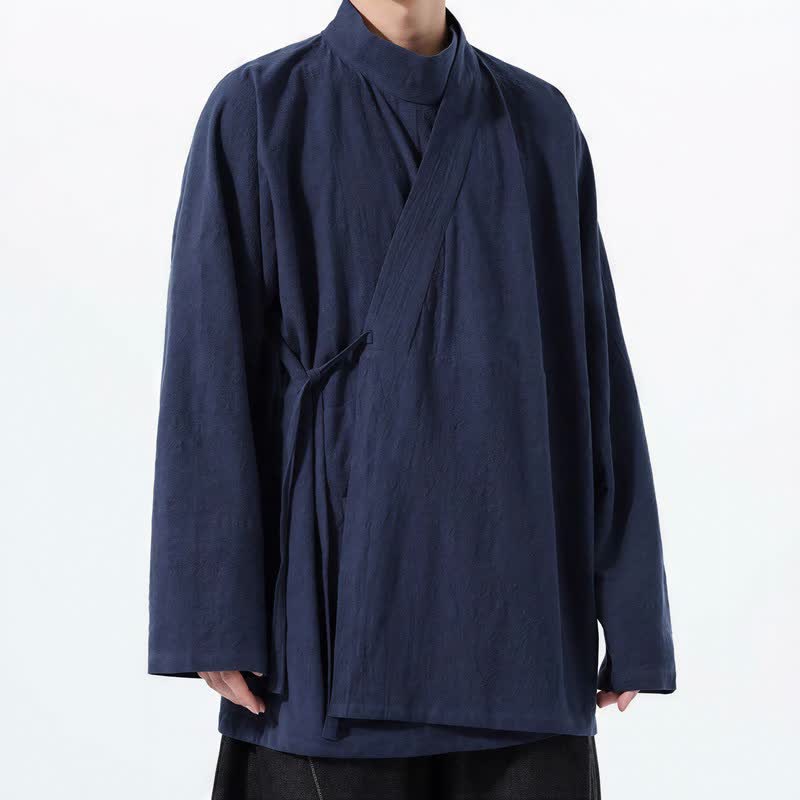 Buddha Stones Fall Winter Casual Tang Style Mandarin Collar Solid Cotton Long Sleeve Men's Kimonos - image 2