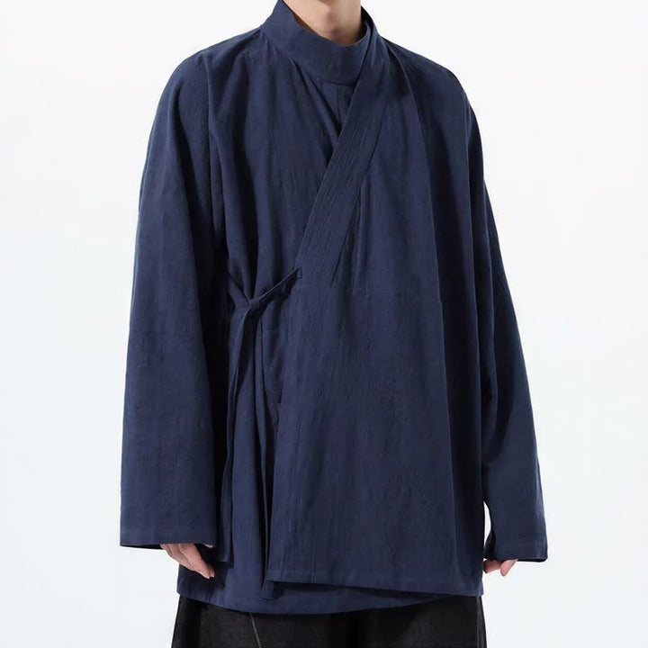 Buddha Stones Fall Winter Casual Tang Style Mandarin Collar Solid Cotton Long Sleeve Men's Kimonos - image 2