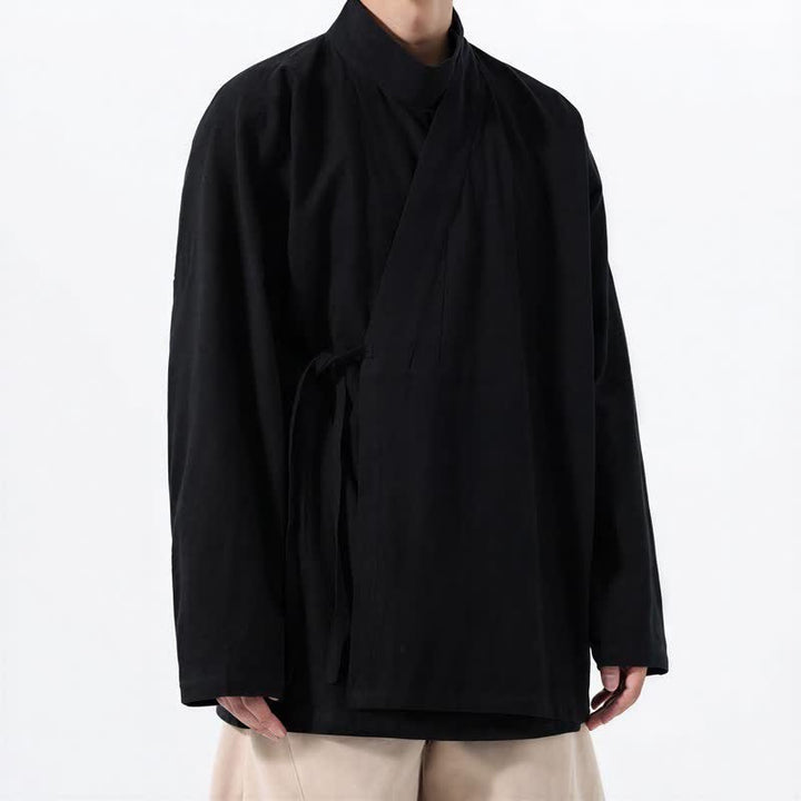 Buddha Stones Fall Winter Casual Tang Style Mandarin Collar Solid Cotton Long Sleeve Men's Kimonos - image 9