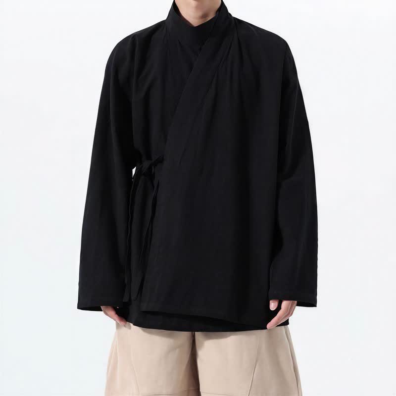 Buddha Stones Fall Winter Casual Tang Style Mandarin Collar Solid Cotton Long Sleeve Men's Kimonos - Black - US/UK/AU46，EU56 (5XL) - image 8