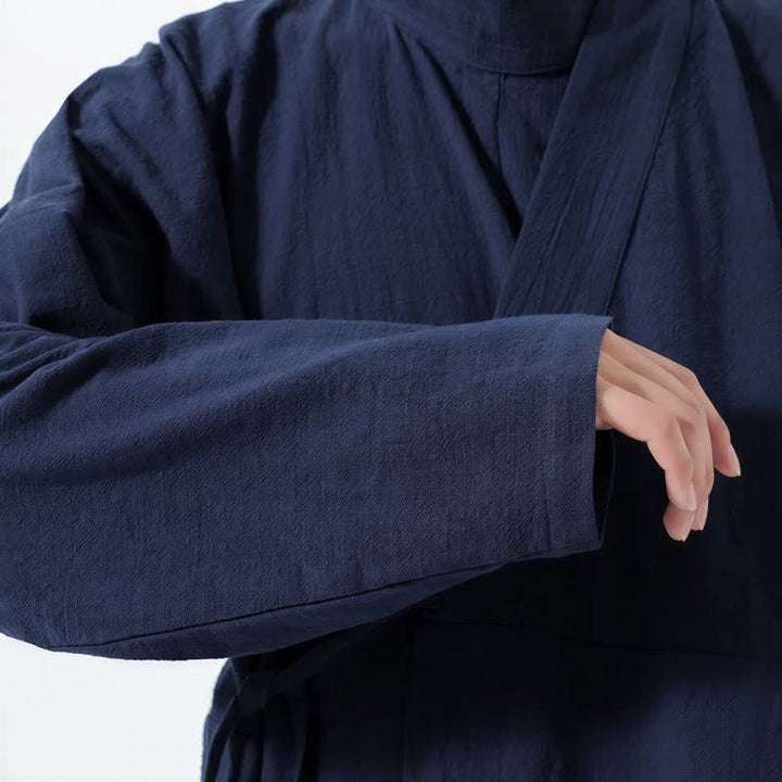 Buddha Stones Fall Winter Casual Tang Style Mandarin Collar Solid Cotton Long Sleeve Men's Kimonos - image 5