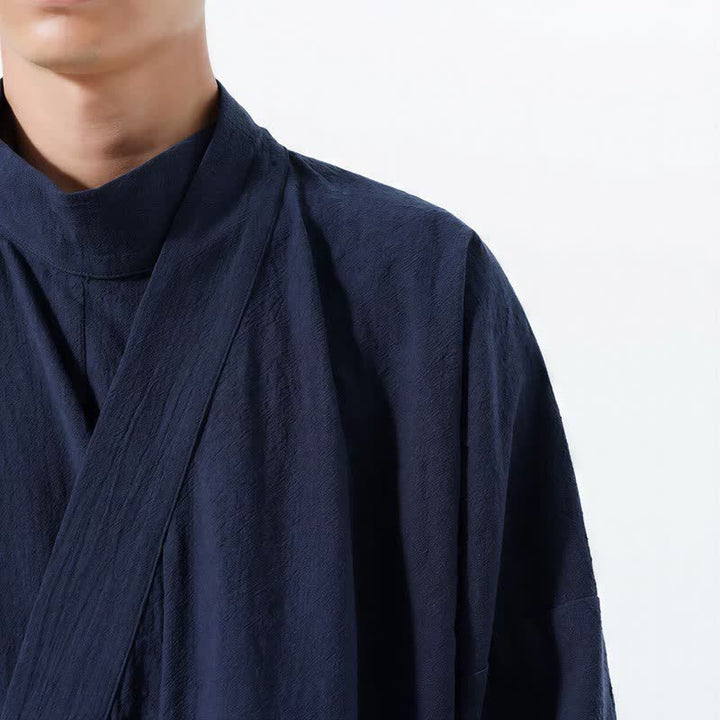 Buddha Stones Fall Winter Casual Tang Style Mandarin Collar Solid Cotton Long Sleeve Men's Kimonos - image 4
