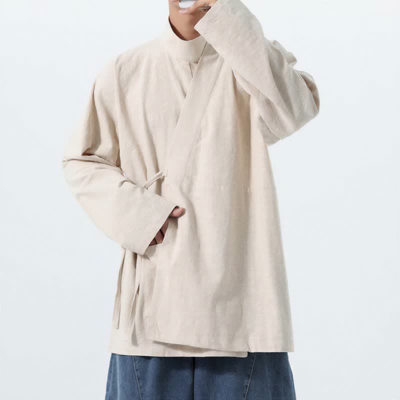 Buddha Stones Fall Winter Casual Tang Style Mandarin Collar Solid Cotton Long Sleeve Men's Kimonos - image 14