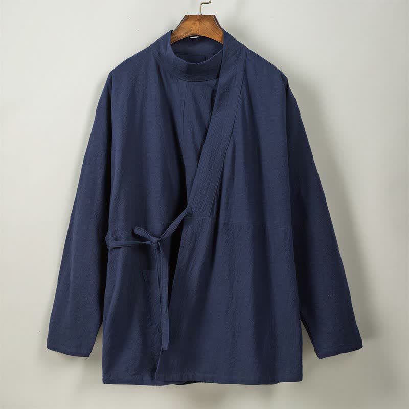 Buddha Stones Fall Winter Casual Tang Style Mandarin Collar Solid Cotton Long Sleeve Men's Kimonos - image 7