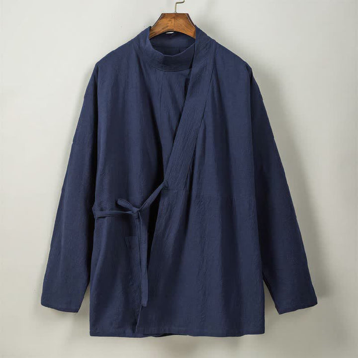 Buddha Stones Fall Winter Casual Tang Style Mandarin Collar Solid Cotton Long Sleeve Men's Kimonos - image 7
