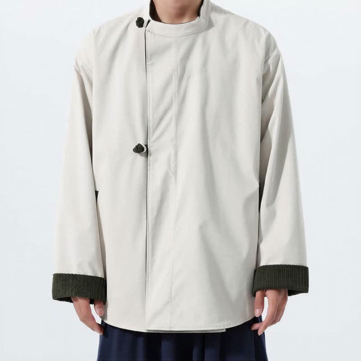 Buddha Stones Fall Winter Casual Tang Style Mandarin Collar Solid Corduroy Reversible Men's Jackets With Pocket - image 4