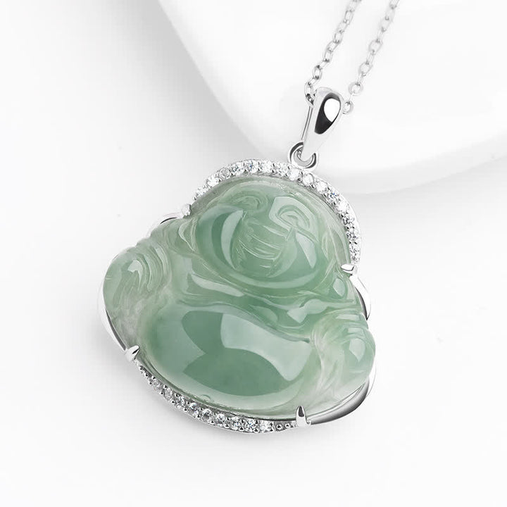 Buddha Stones 925 Sterling Silver Inlay Green Jade Laughing Buddha Luck Pendant Titanium Steel Chain Necklace - image 3