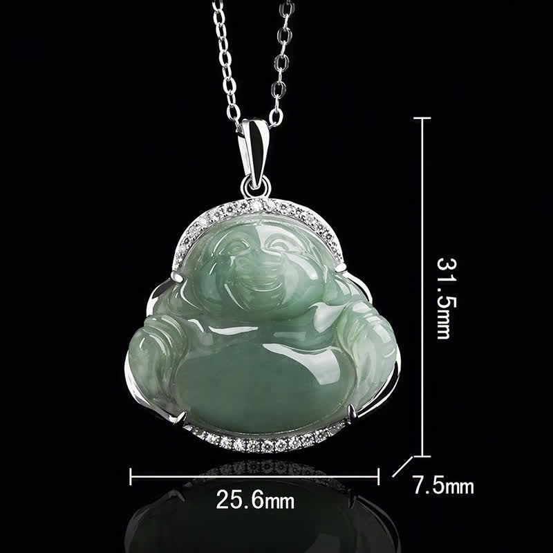 Buddha Stones 925 Sterling Silver Inlay Green Jade Laughing Buddha Luck Pendant Titanium Steel Chain Necklace - image 8
